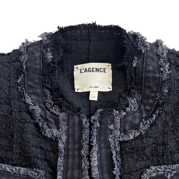 L'AGENCE Agnes Tweed Jacket in Black Wash, Size Small, Made in USA, Denim Fringe - Picture 3 of 12